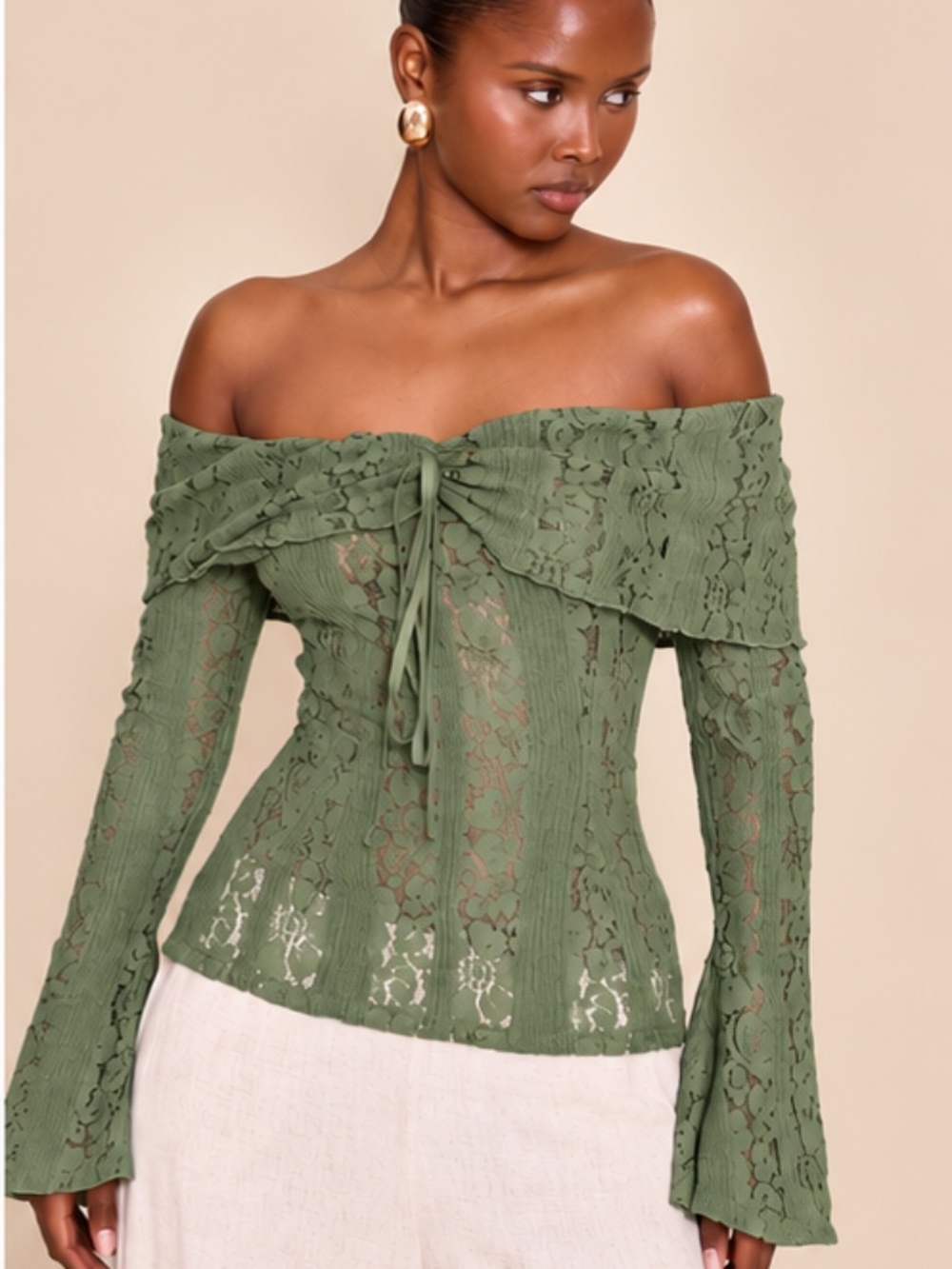 Pretty Little Thing Off the Shoulder Lace Flared Long Sleeve Top - Sage